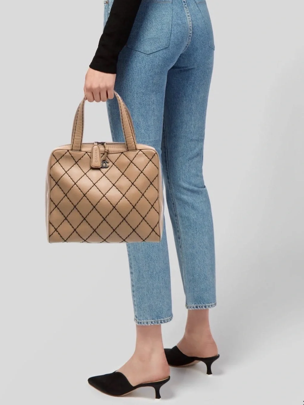 CHANEL Surpique Tan Leather Top-Handle Bag